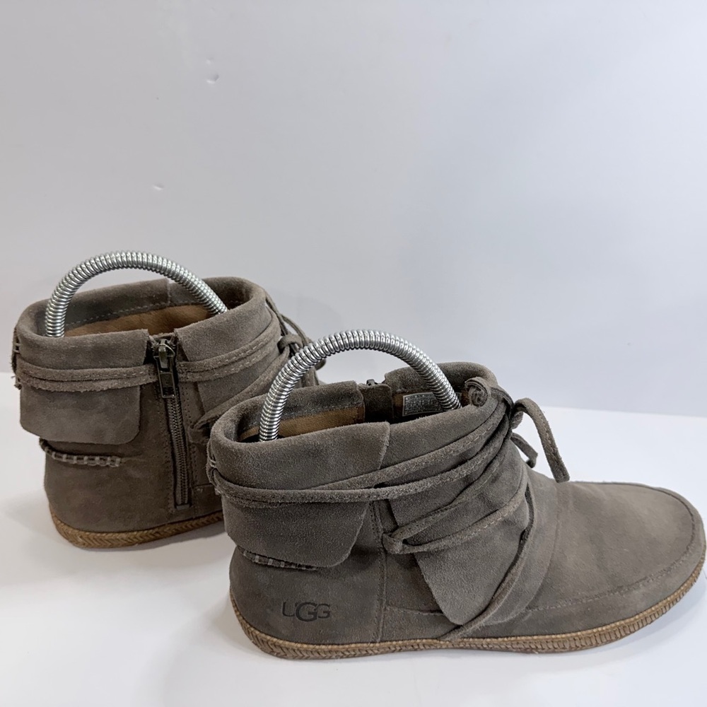 UGG Suede Ankle Boots Taupe Gray Women’s 10 Side Zip Lace Wrap - Picture 2 of 10